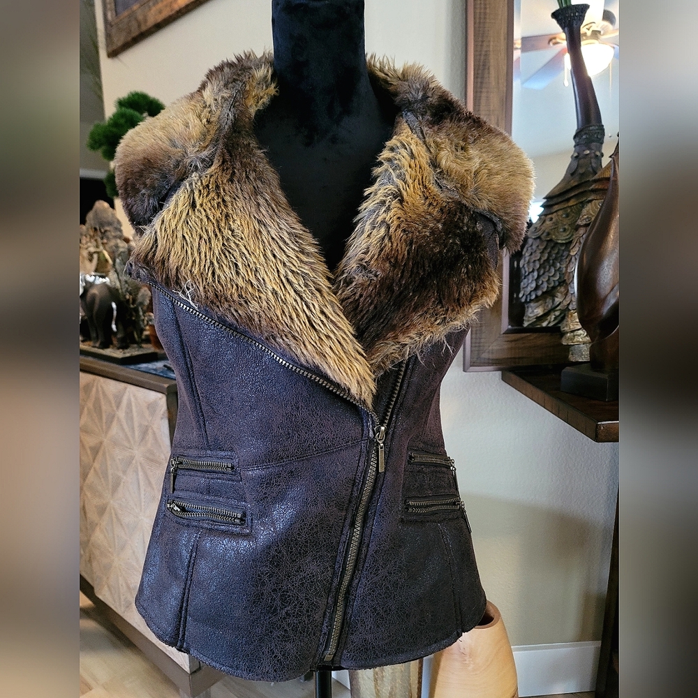 Yoki New York Vegan Leather & Faux Fur Vest - Size Large - Rocker Chic Edge!